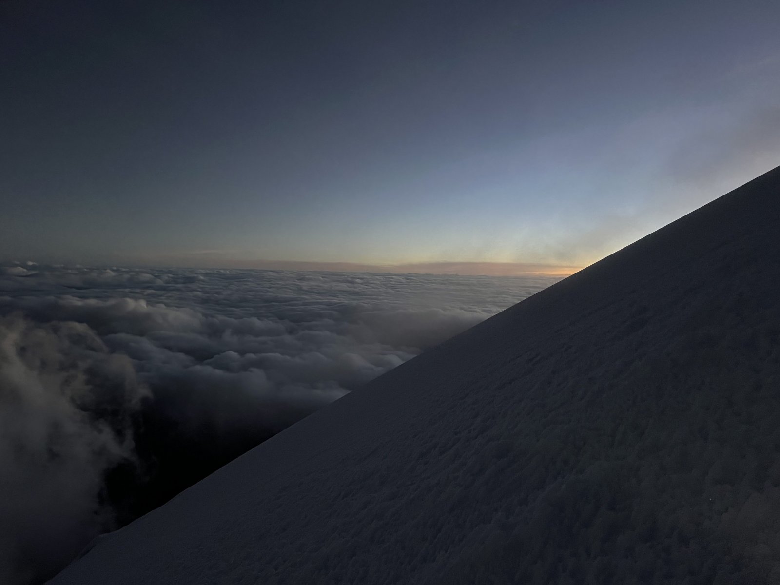 Chimborazo isn't as technical a peak as Antisana, but it makes up for it
 with a very consistent, seemingly never-ending 40°+ slope.